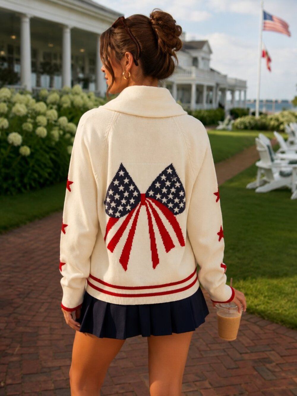 Americana Bow Cream knit Shawl cardigan star red accents Cozy Coastal Preppy L